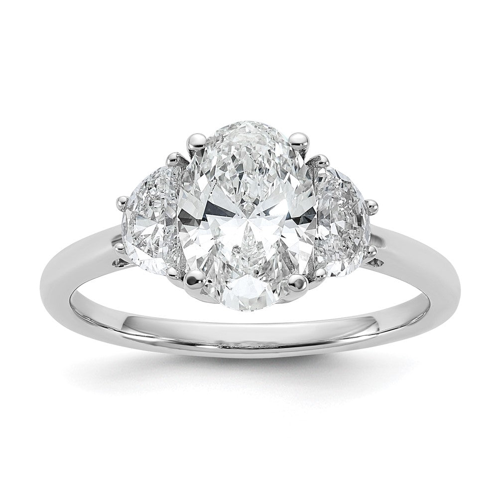 14K White Gold 1/2 carat Lab Grown Diamond VS/SI+ G+ Half Moon and 1 1/2 carat Oval Center Semi Mount Three Stone Engagement Ring
