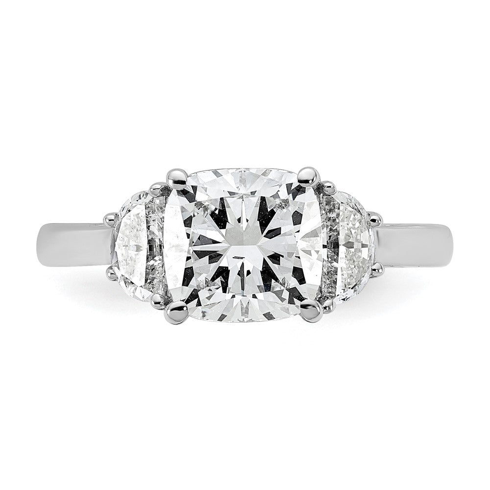 14K White Gold 1/2 carat Lab Grown Diamond VS/SI+ G+ Half Moon and 2 carat Cushion Center Semi Mount Three Stone Engagement Ring