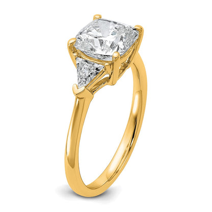 14K Yellow Gold 1/2 carat Lab Grown Diamond VS/SI+ G+ Triangle 2 carat Cushion Center Semi Mount Three Stone Engagement Ring