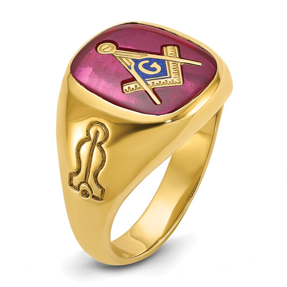 IBGoodman 14K Men's Polished and Grooved with Lab Created Ruby Blue Lodge Master Masonic Ring