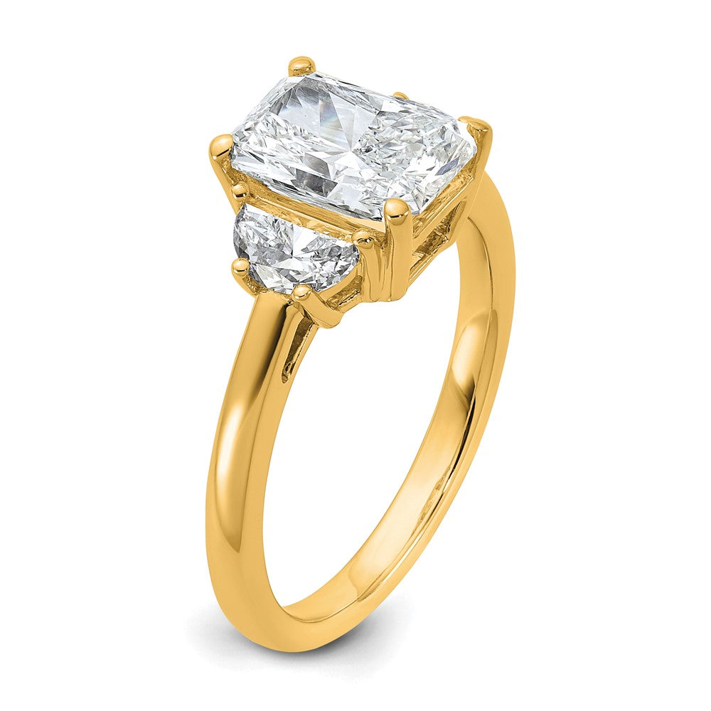 14K Yellow Gold 2 1/2 carat Certified Lab Grown Diamond VS/SI+ G+ Radiant and Half Moon Complete Three Stone Engagement Ring
