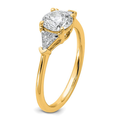 14K Yellow Gold 1/2 carat Lab Grown Diamond VS+ F+ Triangle 1 carat Round Semi Mount Three Stone Engagement Ring