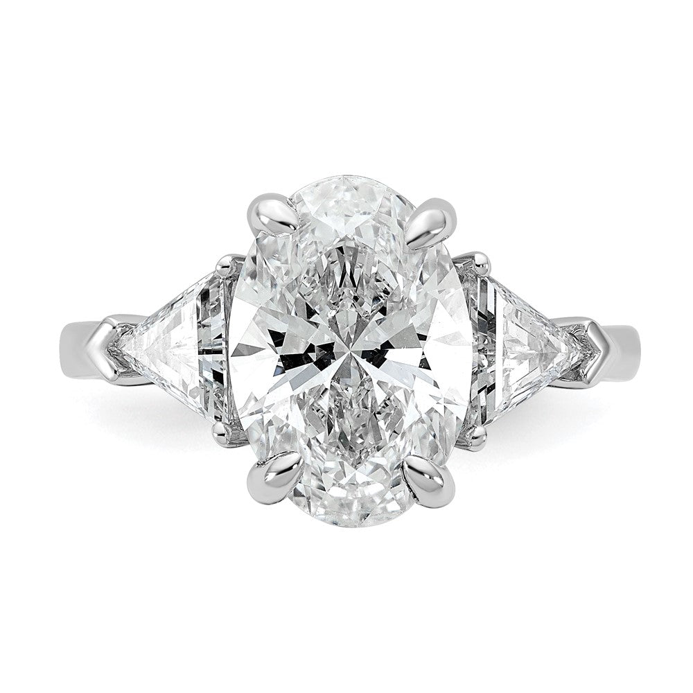 14K White Gold 1 1/8 carat Lab Grown Diamond VS/SI+ G+ Trillion and 3 carat Oval Center Semi Mount Three Stone Engagement Ring