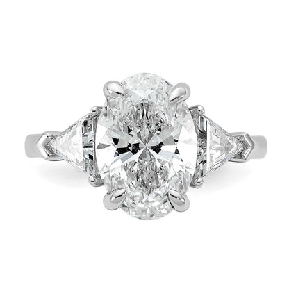 14K White Gold 1 1/8 carat Lab Grown Diamond VS/SI+ G+ Trillion and 3 carat Oval Center Semi Mount Three Stone Engagement Ring