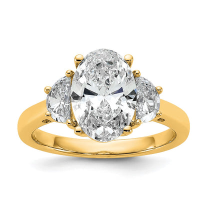 14K Yellow Gold 5/8 carat Lab Grown Diamond VS+ F+ Half Moon and 2 1/2 carat Oval Center Semi Mount Three Stone Engagement Ring
