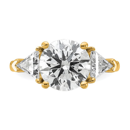 14K Yellow Gold 1 1/8 carat Lab Grown Diamond VS+ F+ Triangle 3 carat Round Semi Mount Three Stone Engagement Ring