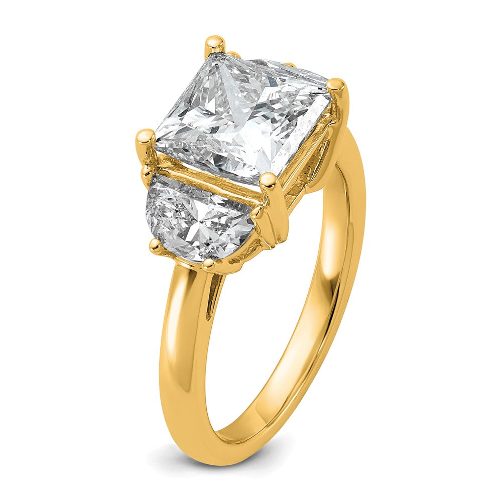 14K Yellow Gold 1 carat Lab Grown Diamond VS/SI+ G+ Half Moon 3 carat Princess Center Semi Mount Three Stone Engagement Ring
