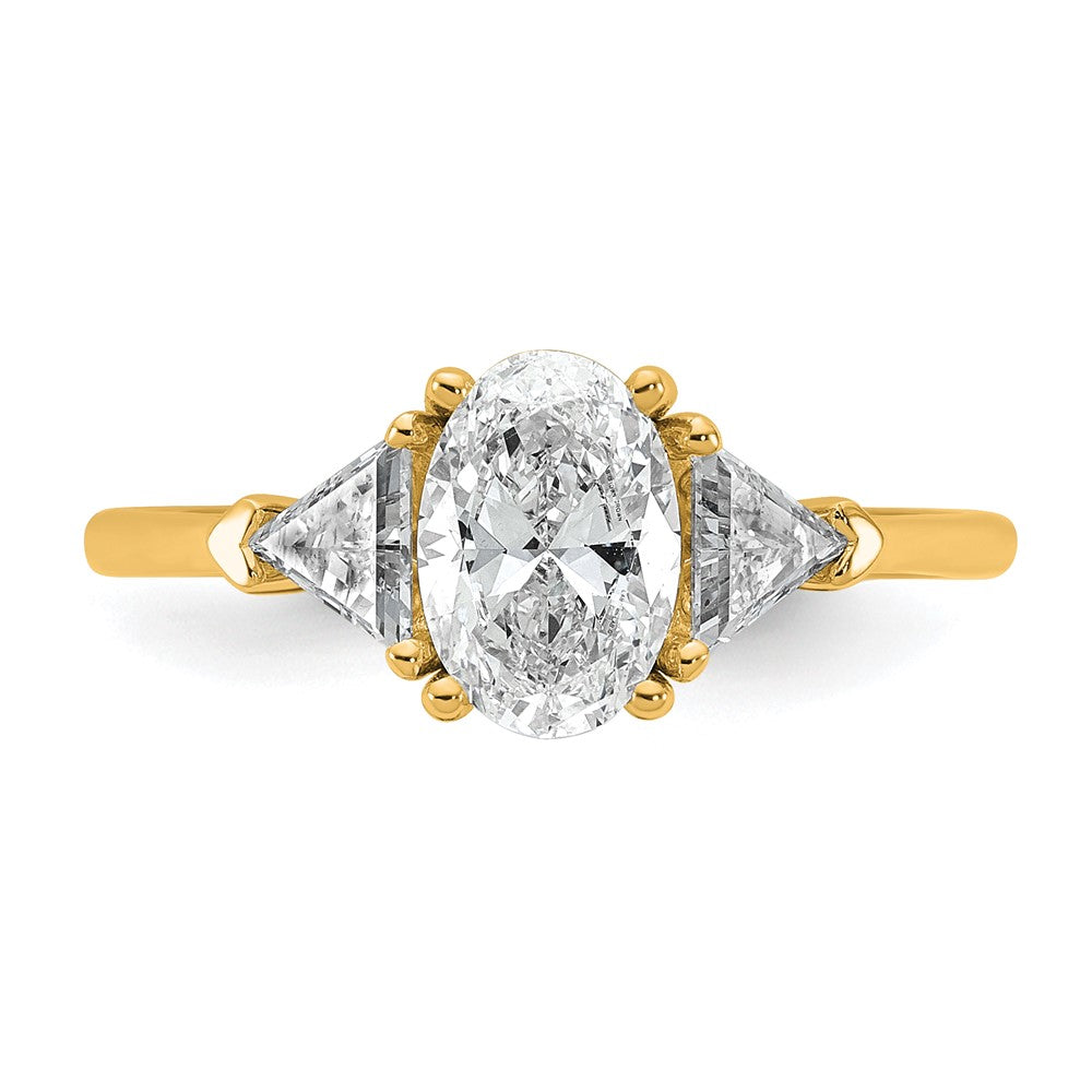 14K Yellow Gold 1/2 carat Lab Grown Diamond VS+ F+ Trillion and 1 carat Oval Center Semi Mount Three Stone Engagement Ring