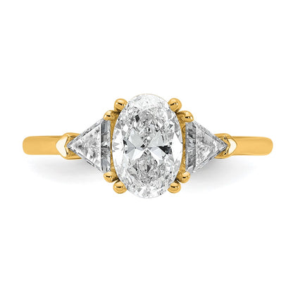 14K Yellow Gold 1/2 carat Lab Grown Diamond VS+ F+ Trillion and 1 carat Oval Center Semi Mount Three Stone Engagement Ring