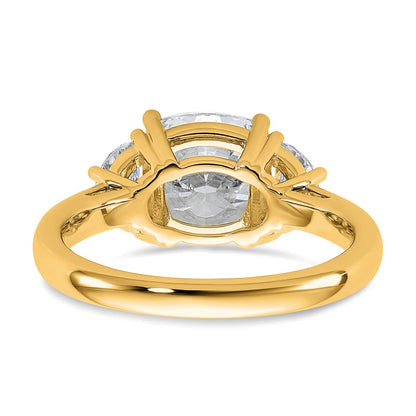 14K Yellow Gold 5/8 carat Lab Grown Diamond VS+ F+ Half Moon and 2 1/2 carat Cushion Center Semi Mount Three Stone Engagement Ring