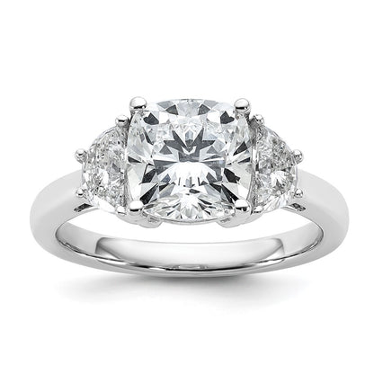 14K White Gold 5/8 carat Lab Grown Diamond VS+ F+ Half Moon and 2 1/2 carat Cushion Center Semi Mount Three Stone Engagement Ring