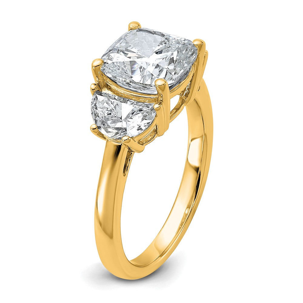 14K Yellow Gold 1 carat Lab Grown Diamond VS+ F+ Half Moon and 3 carat Cushion Center Semi Mount Three Stone Engagement Ring
