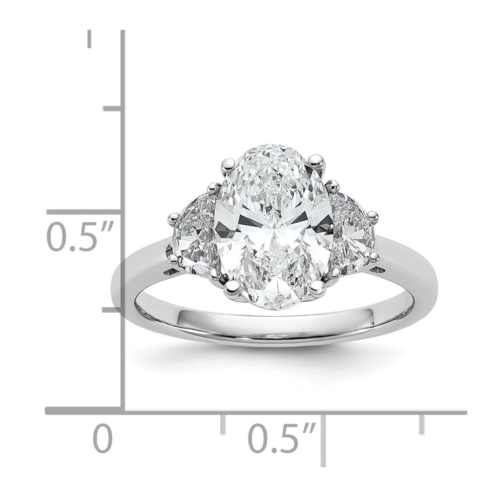14K White Gold 1/2 carat Lab Grown Diamond VS/SI+ G+ Half Moon and 2 carat Oval Center Semi Mount Three Stone Engagement Ring