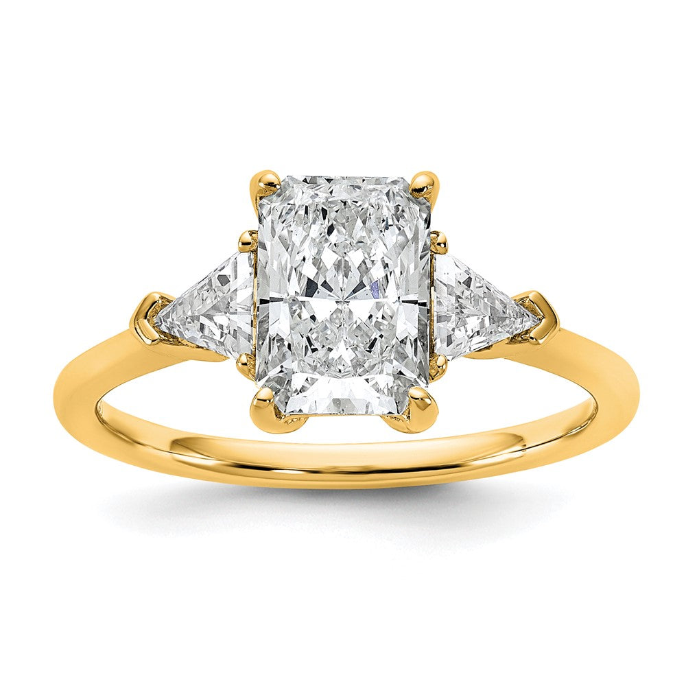 14K Yellow Gold 1/2 carat Lab Grown Diamond VS/SI+ G+ Triangle 1 1/2 carat Radiant Center Semi Mount Three Stone Engagement Ring