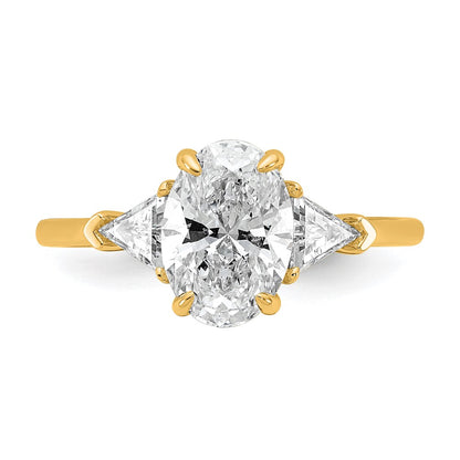 14K Yellow Gold 1/2 carat Lab Grown Diamond VS+ F+ Trillion and 1 1/2 carat Oval Center Semi Mount Three Stone Engagement Ring