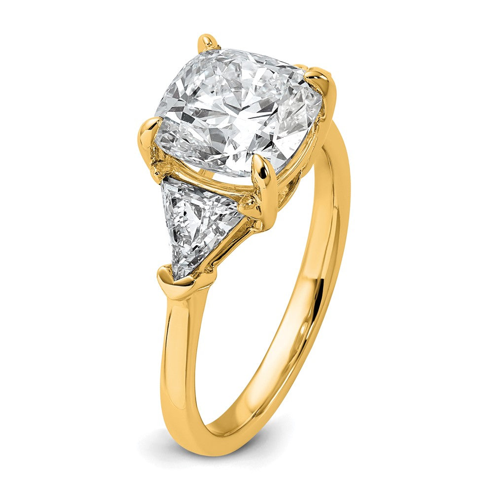 14K Yellow Gold 4 carat Certified Lab Grown Diamond VS/SI+ G+ Cushion and Triangle Complete Three Stone Engagement Ring
