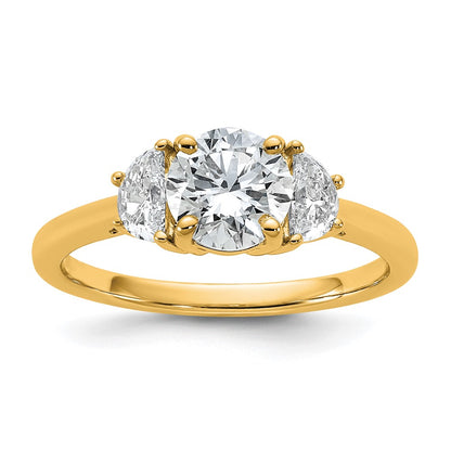 14K Yellow Gold 3/8 carat Lab Grown Diamond VS/SI+ G+ 1 carat Center Round Semi Mount Three Stone Engagement Ring