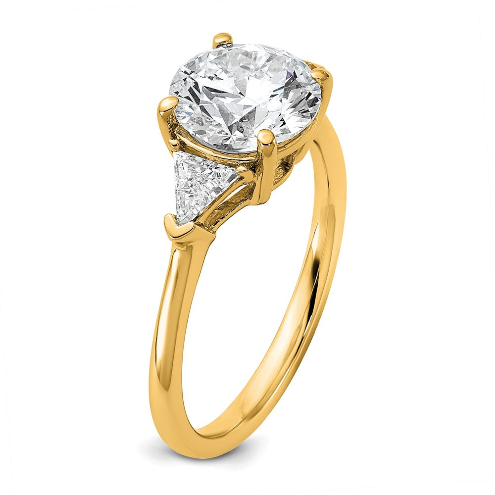 14K Yellow Gold 1/2 carat Lab Grown Diamond VS+ F+ Triangle 2 carat Round Semi Mount Three Stone Engagement Ring