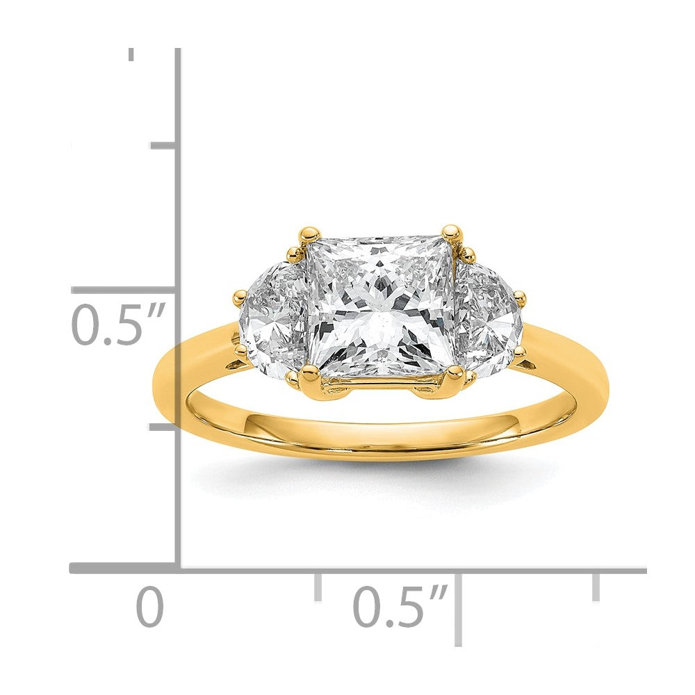 14K Yellow Gold 1/2 carat Lab Grown Diamond VS+ F+ Half Moon 1 1/2 carat Princess Center Semi Mount Three Stone Engagement Ring