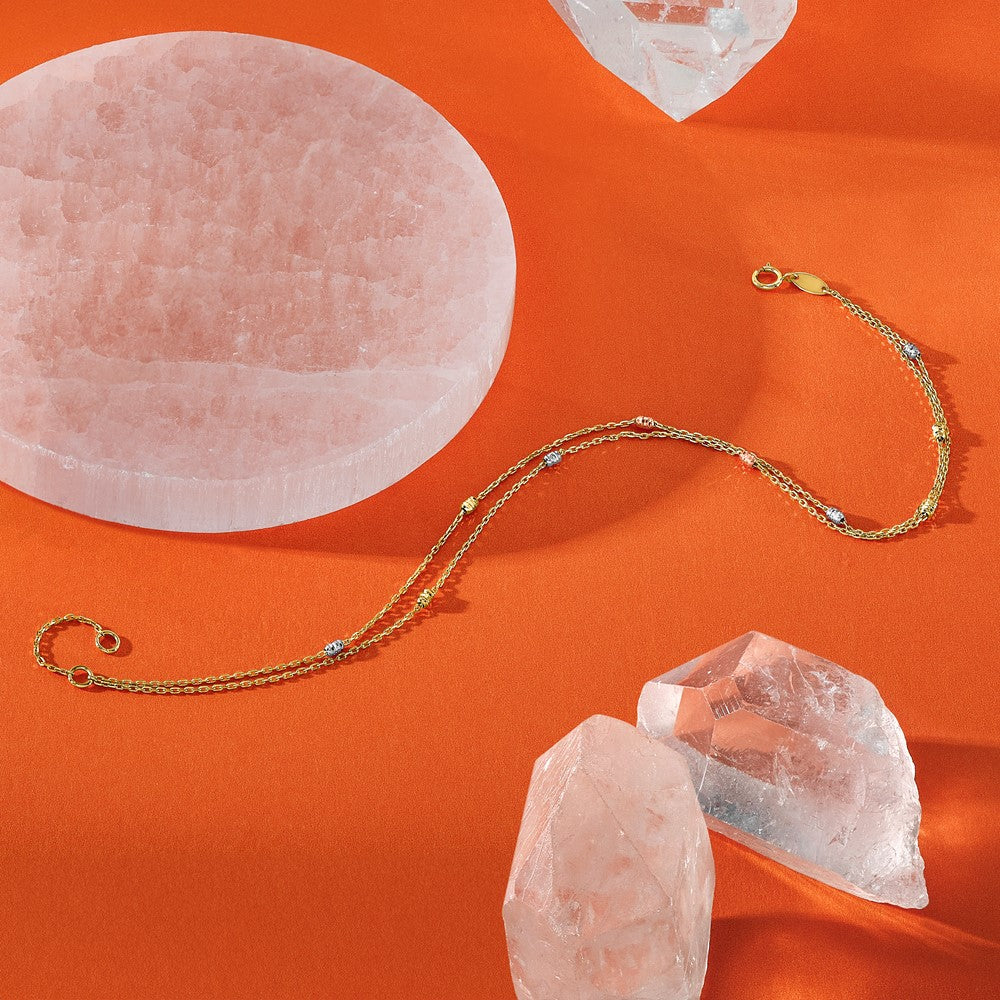 14K Tri-Color Gold Tri-color Diamond-cut Beads 2-Strand 9 Inch Plus 1 Inch Extender - Total 10 Inch Anklet