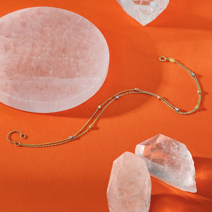 14K Tri-Color Gold Tri-color Diamond-cut Beads 2-Strand 9 Inch Plus 1 Inch Extender - Total 10 Inch Anklet