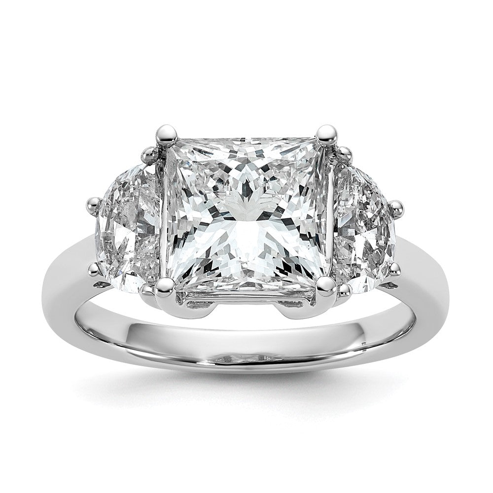 14K White Gold 1 carat Lab Grown Diamond VS+ F+ Half Moon 3 carat Princess Center Semi Mount Three Stone Engagement Ring
