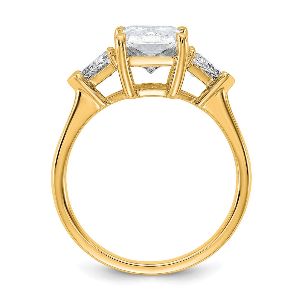 14K Yellow Gold 5/8 carat Lab Grown Diamond VS+ F+ Triangle 2 1/2 carat Radiant Center Semi Mount Three Stone Engagement Ring