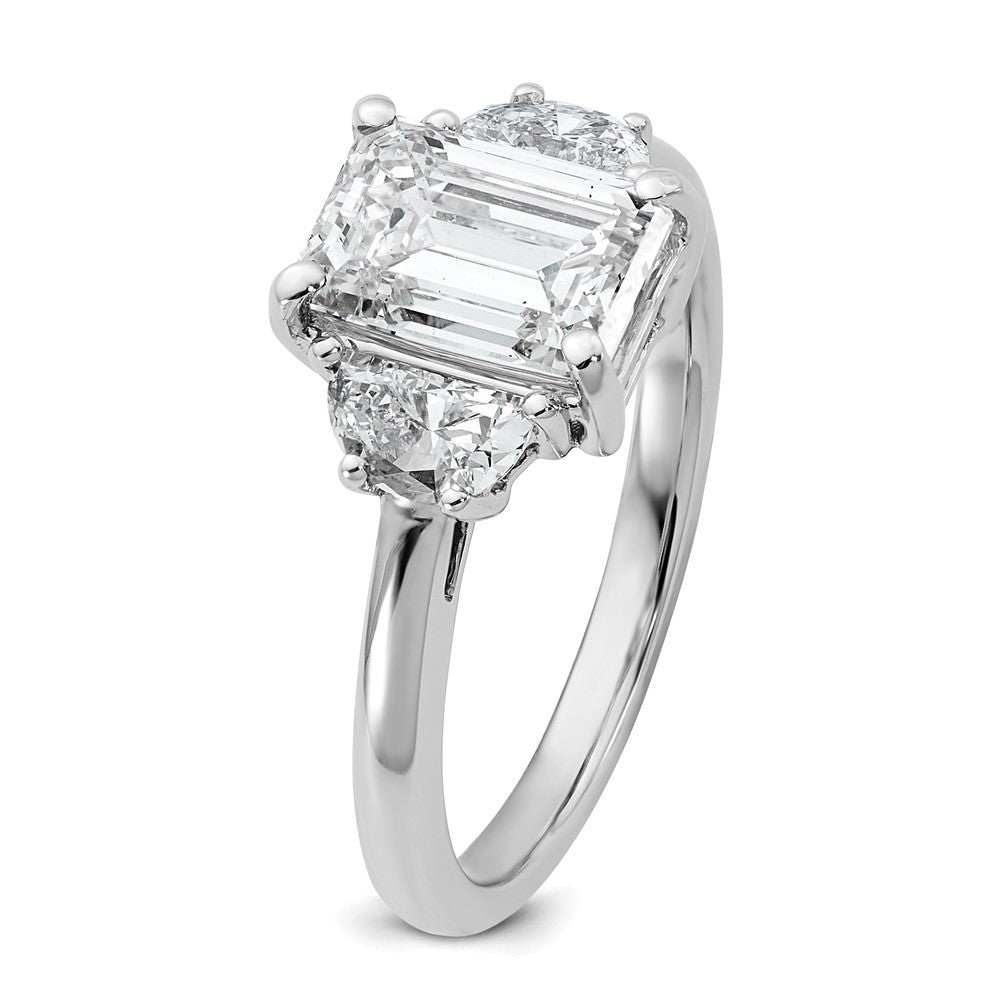 14K White Gold 1/2 carat Lab Grown Diamond VS+ F+ Semi Mount Emerald and Half Moon Three Stone Engagement Ring