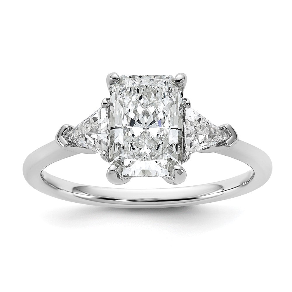 14K White Gold 2 carat Certified Lab Grown Diamond VS+ F+ Radiant and Triangle Complete Three Stone Engagement Ring