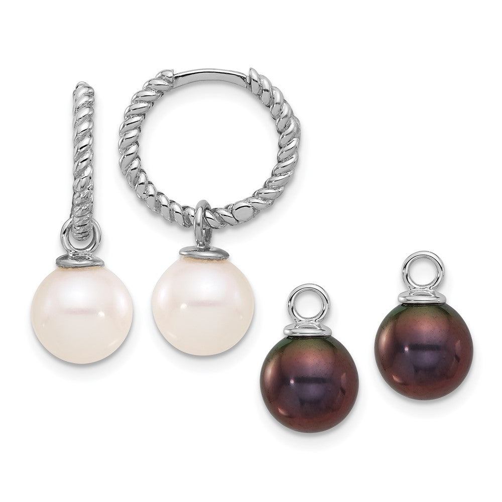 14K White Gold 7-8mm Black and White Freshwater Cultured Pearl Removable Dangle Hoop Earrings