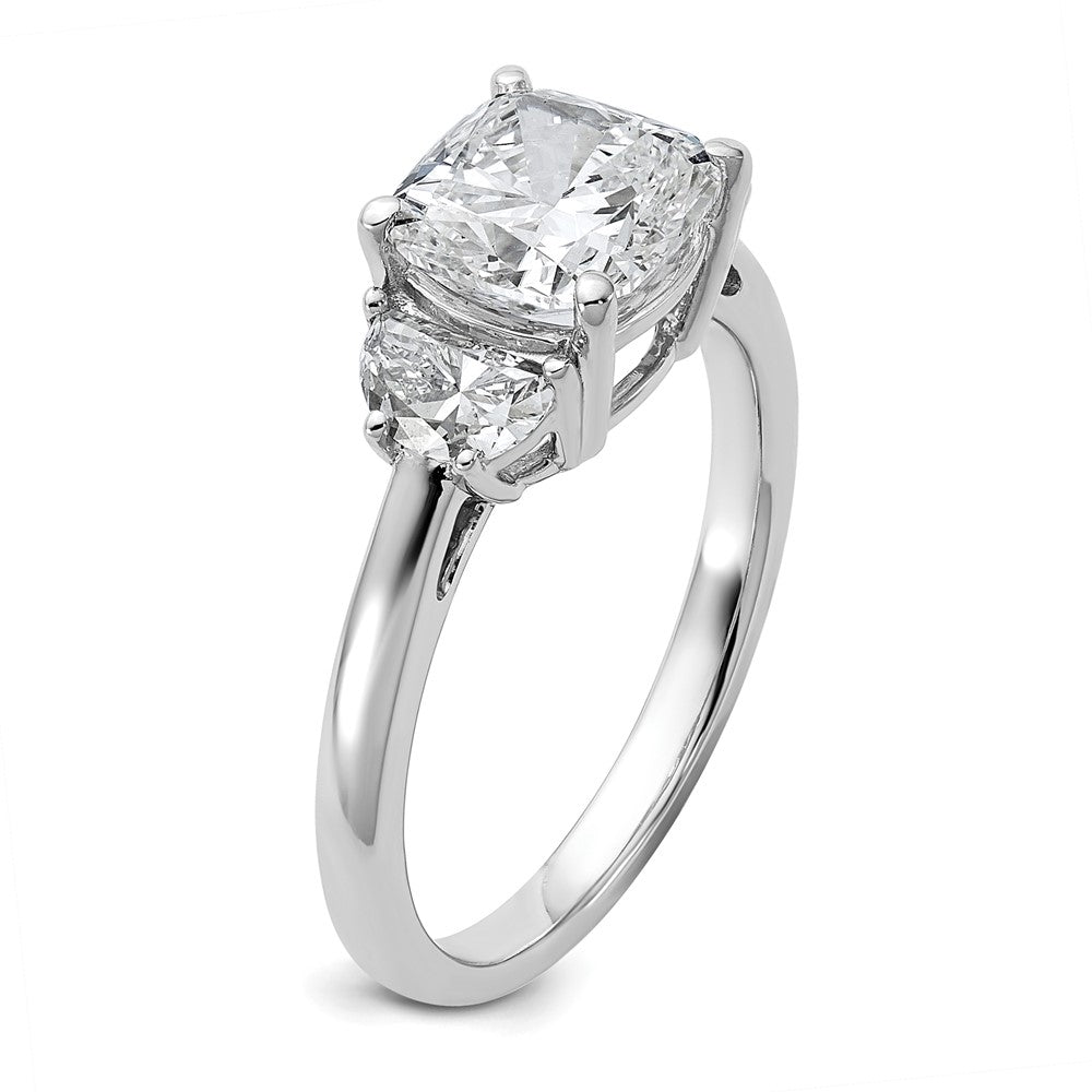 14K White Gold 1/2 carat Lab Grown Diamond VS/SI+ G+ Half Moon and 2 carat Cushion Center Semi Mount Three Stone Engagement Ring