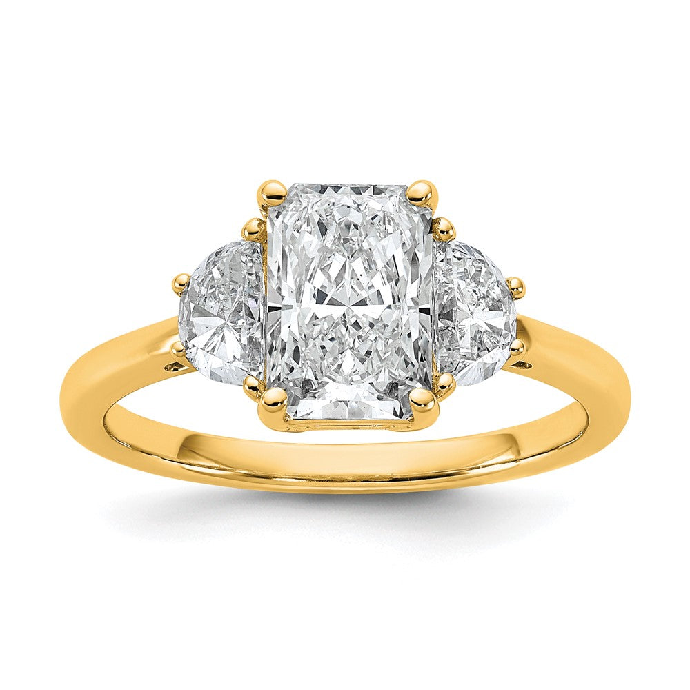 14K Yellow Gold 2 carat Certified Lab Grown Diamond VS+ F+ Radiant and Half Moon Complete Three Stone Engagement Ring