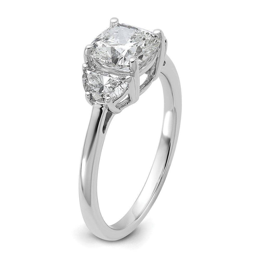 14K White Gold 1/2 carat Lab Grown Diamond VS/SI+ G+ Half Moon and 1 1/2 carat Cushion Center Semi Mount Three Stone Engagement Ring