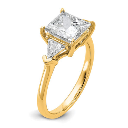 14K Yellow Gold 3 1/8 carat Certified Lab Grown Diamond VS+ F+ Princess and Trillion Complete Three Stone Engagement Ring