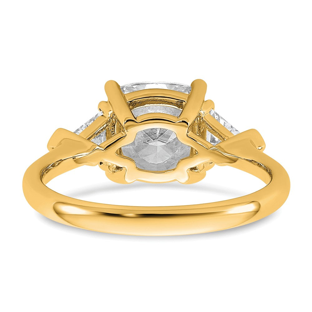14K Yellow Gold 3 1/8 carat Certified Lab Grown Diamond VS+ F+ Cushion and Triangle Complete Three Stone Engagement Ring