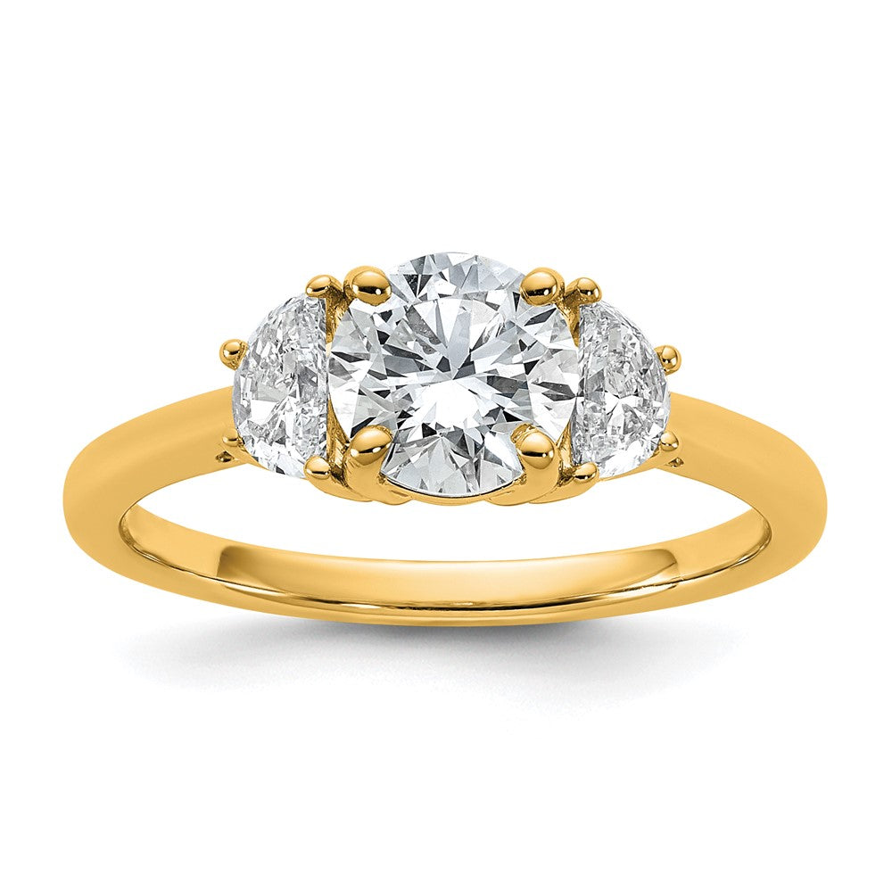 14K Yellow Gold 3/8 carat Lab Grown Diamond VS+ F+ 1 carat Center Round Semi Mount Three Stone Engagement Ring