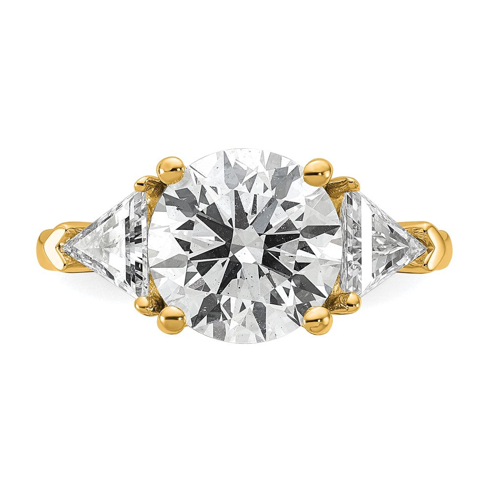 14K Yellow Gold 4 1/8 carat Certified Lab Grown Diamond VS+ F+ Round and Triangle Complete Three Stone Engagement Ring