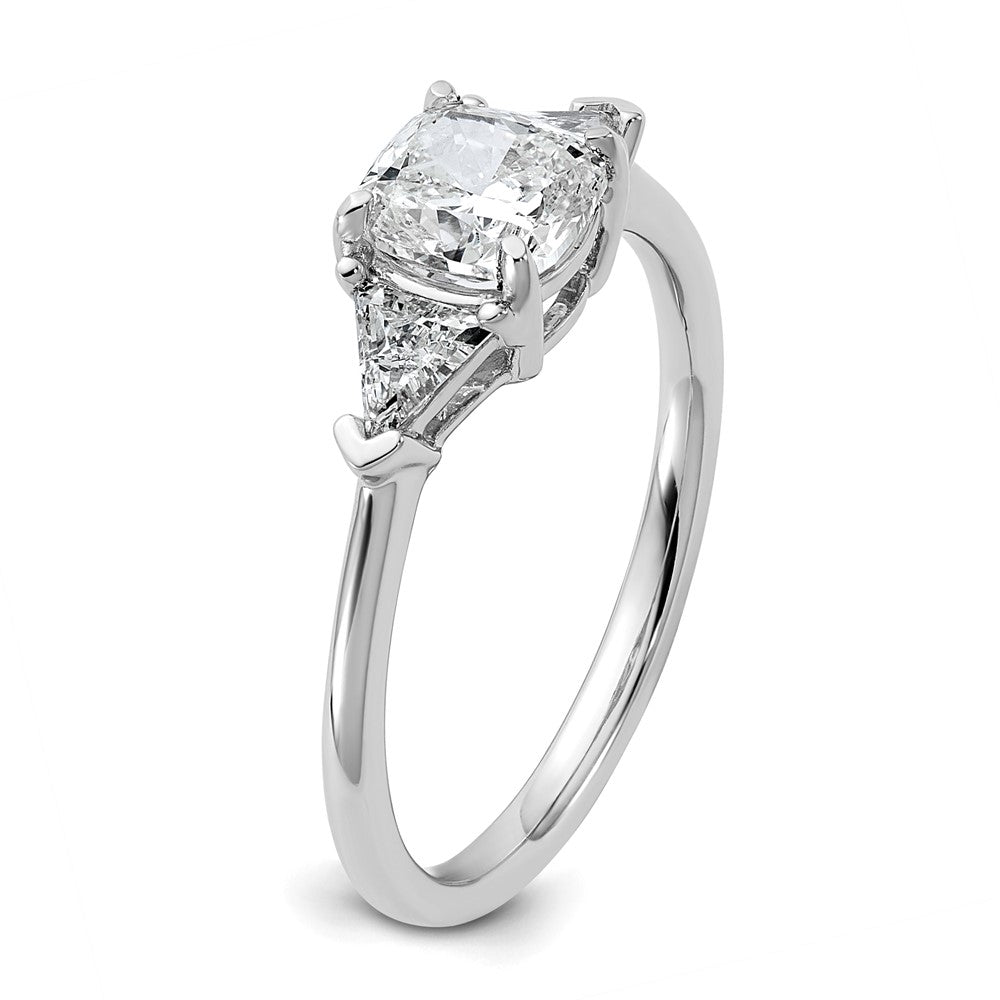 14K White Gold 1 1/2 carat Certified Lab Grown Diamond VS+ F+ Cushion and Triangle Complete Three Stone Engagement Ring