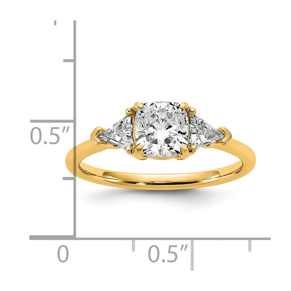 14K Yellow Gold 1/2 carat Lab Grown Diamond VS/SI+ G+ Triangle 1 carat Cushion Center Semi Mount Three Stone Engagement Ring