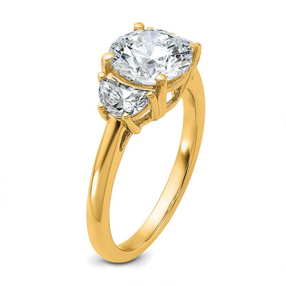 14K Yellow Gold 1/2 carat Lab Grown Diamond VS/SI+ G+ 2 carat Center Round Semi Mount Three Stone Engagement Ring