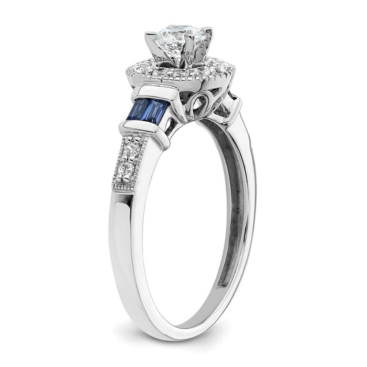 14K White Gold Halo Plus (Holds 3/8 carat (4.5mm) Round Center) 1/5 carat Diamond and Sapphire Semi-Mount Engagement Ring