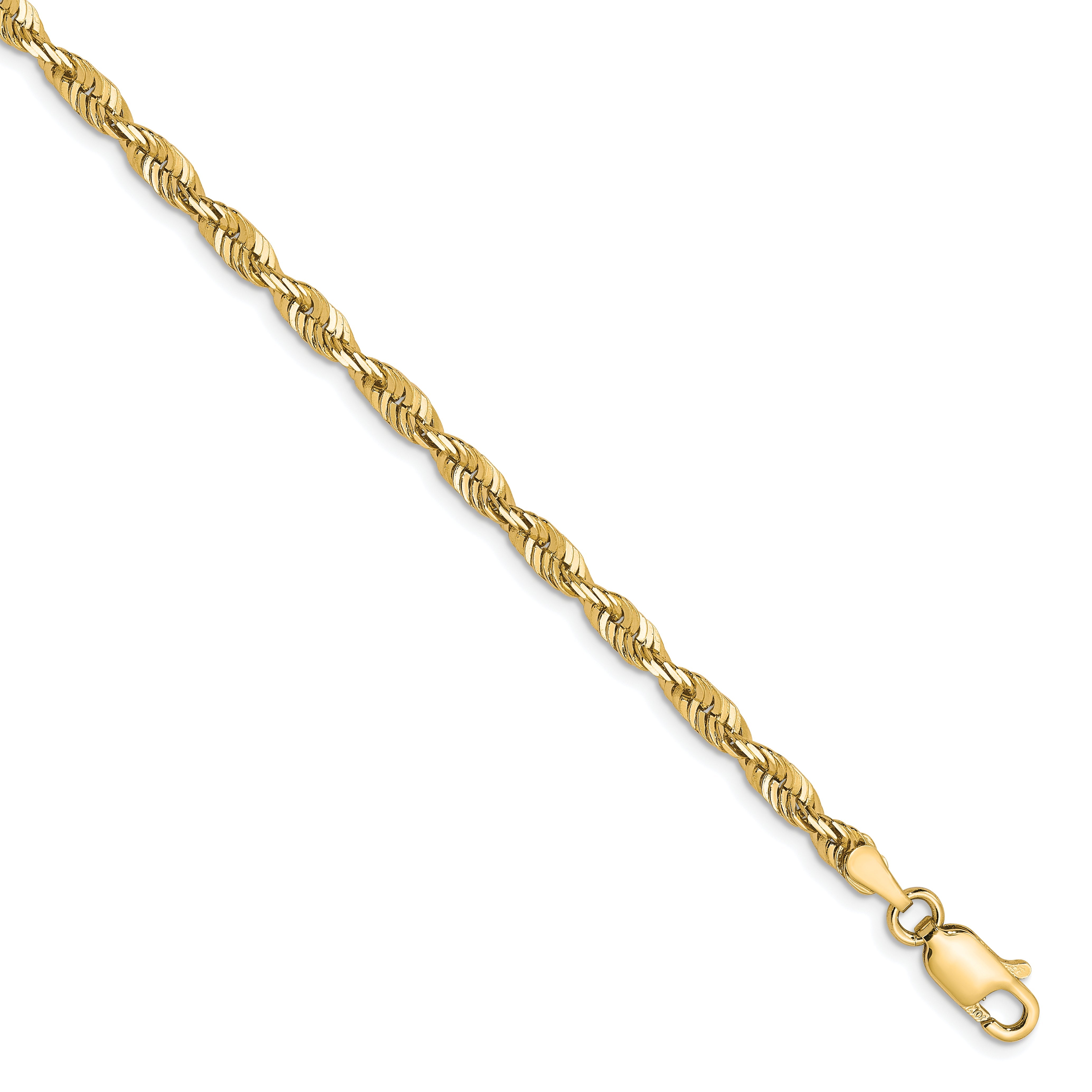 8 Inch 10K Yellow Gold 3mm Diamond Cut Lightweight Rope Chain Bracelet