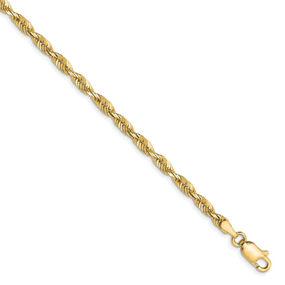 8 Inch 10K Yellow Gold 3mm Diamond Cut Lightweight Rope Chain Bracelet