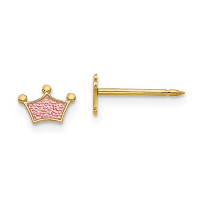 14K Yellow Gold Inverness Epoxy Fill Pink Crown Earrings