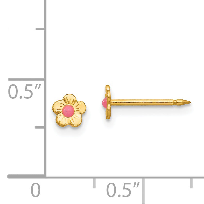 14K Yellow Gold Inverness Epoxy Fill Pink Mini Flower Earrings