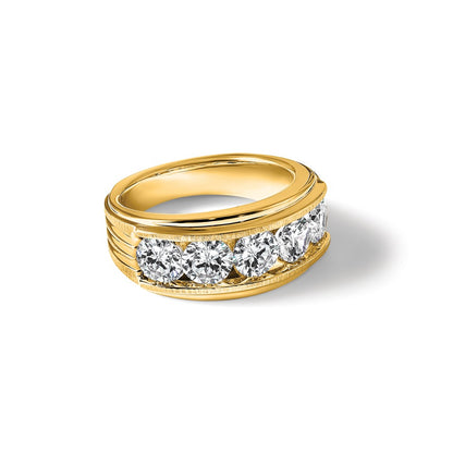 True Origin IBGoodman 14K 3 1/2 carat Lab Grown Diamond VS+ F+ Five Stone Complete Polished Brushed and Grooved Men's Ring