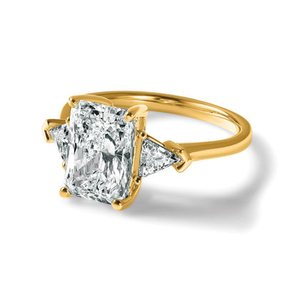 14K Yellow Gold 5/8 carat Lab Grown Diamond VS+ F+ Triangle 2 1/2 carat Radiant Center Semi Mount Three Stone Engagement Ring