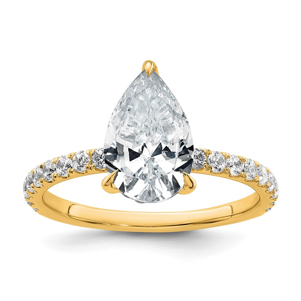 14K Yellow Gold 2 5/8 carat Certified Lab Grown Diamond VS+ F+ Pear Complete Solitaire with Flair Engagement Ring