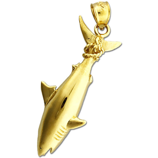 14K Gold Shark Hanging From Tail Pendant