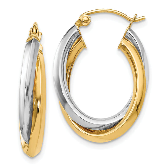 14K Two Tone Polished Oval Hinged Hoop Earrings